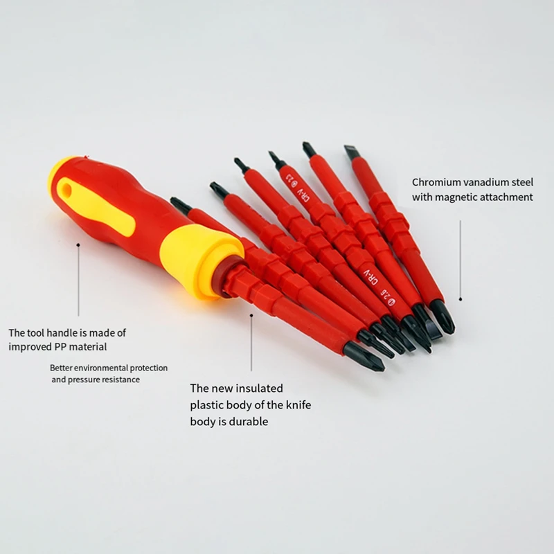 VDE ชุดไขควงหุ้มฉนวนพร้อมปากกาทดสอบสีแดง & สีดำโครเมี่ยมเหล็กวาเนเดียมอุปกรณ์ทำมือช่างไฟฟ้า