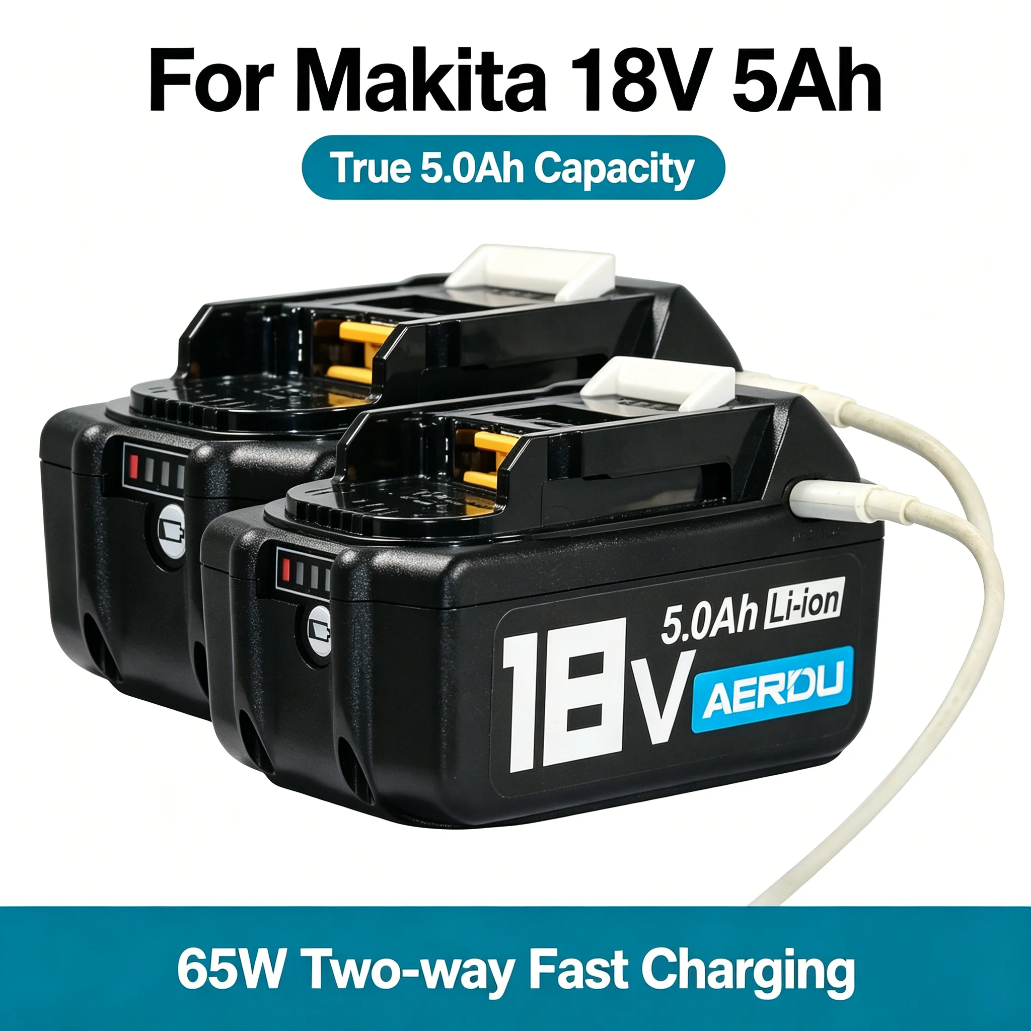 AERDU 18V 5.0Ah Battery for Makita 18V Cordless Power Tools, USB-C PD64W Fast Charging Lithium-Ion Battery Pack, 2026 New Hot Sa