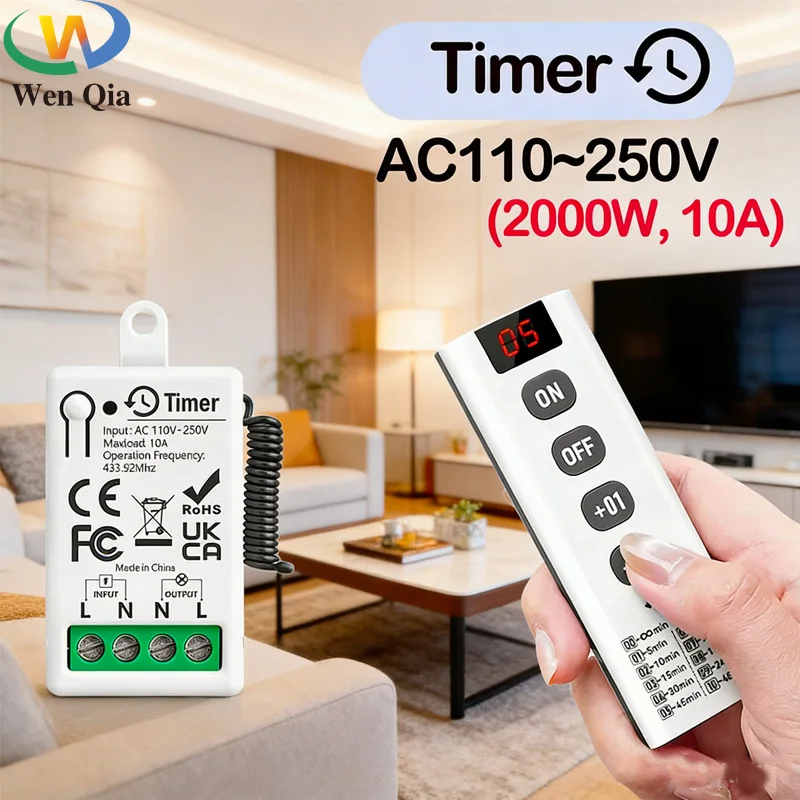 

RF 433Mhz Wireless Timer Light Switch 10 Countdown Modes Remote Transmitter with Wireless Mini Relay Receiver 110V 220V Lamp Fan