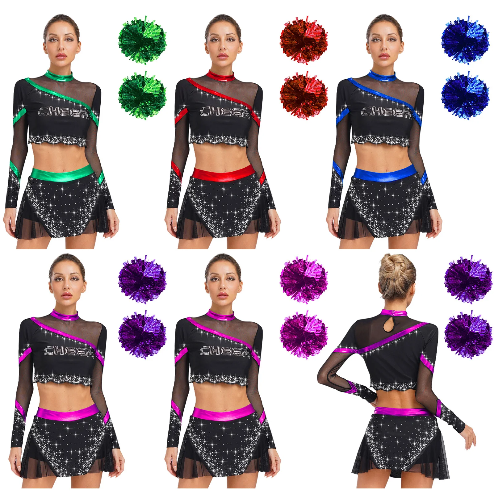 

Women Cheerleading Outfits Long Sleeve Sequins Crop Tops with Dance Skirt And Hand Flowers Set Cheerleading Performance Costume