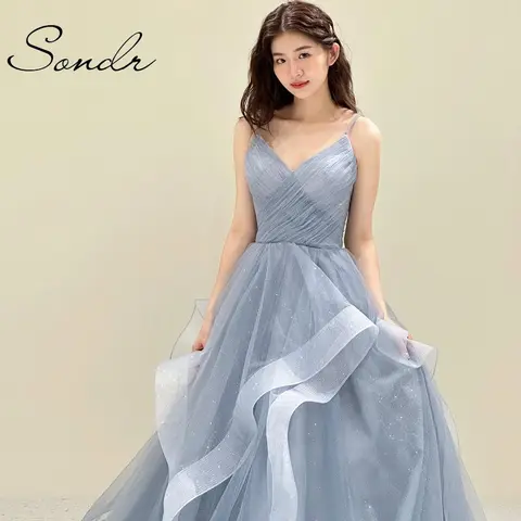 Sondr 고급 파티 드레스,롱원피스,블루 럭셔리 파티 드레스 스파게티 스트랩 우아한 한국 웨딩 드레스 코르셋 백 이브닝 드레스 리셉션 드레스
