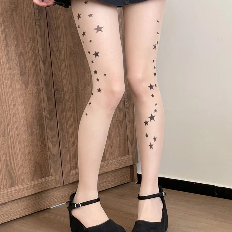 Women Sheer Tights with Pattern Star Printed Pantyhose Summer Spring Anti-Hook Girls Cute Gemoetric Pantyhose Female Thin Tight