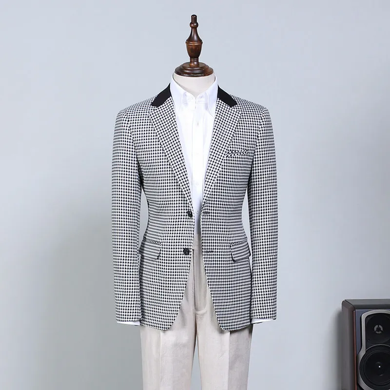 

Винтажный мужской костюм в черно-белую клетку, однобортный, в корейском стиле, с элементами пэчворка и узором «гусиная лапка», для охоты