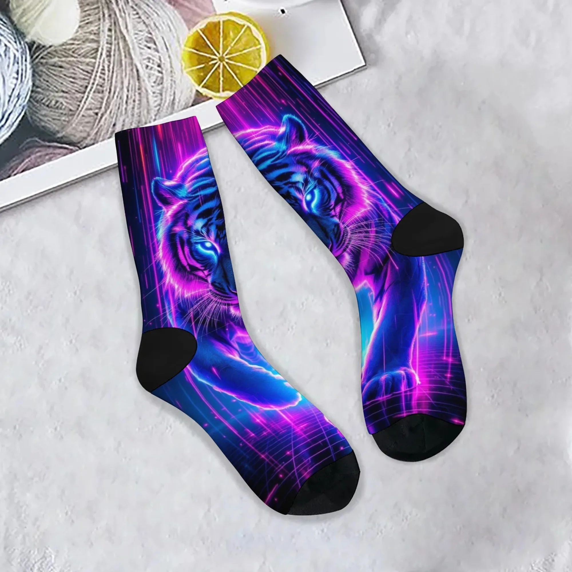 Cyberpunk النيون النمر الجوارب Harajuku نمط عادية موضة الرجال الجوارب مريحة الدافئة عدم الانزلاق جوارب رياضية الجدة هدية حفلة