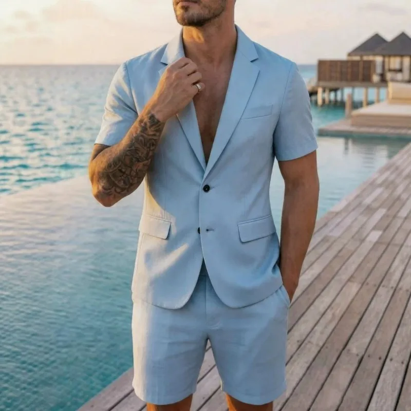 KIDWHXR Summer 2-piece Outfit Man Thin Single-breasted Long Sleeve Blazer Male Elastic Waist Shorts Men Slim Casual Suit Set