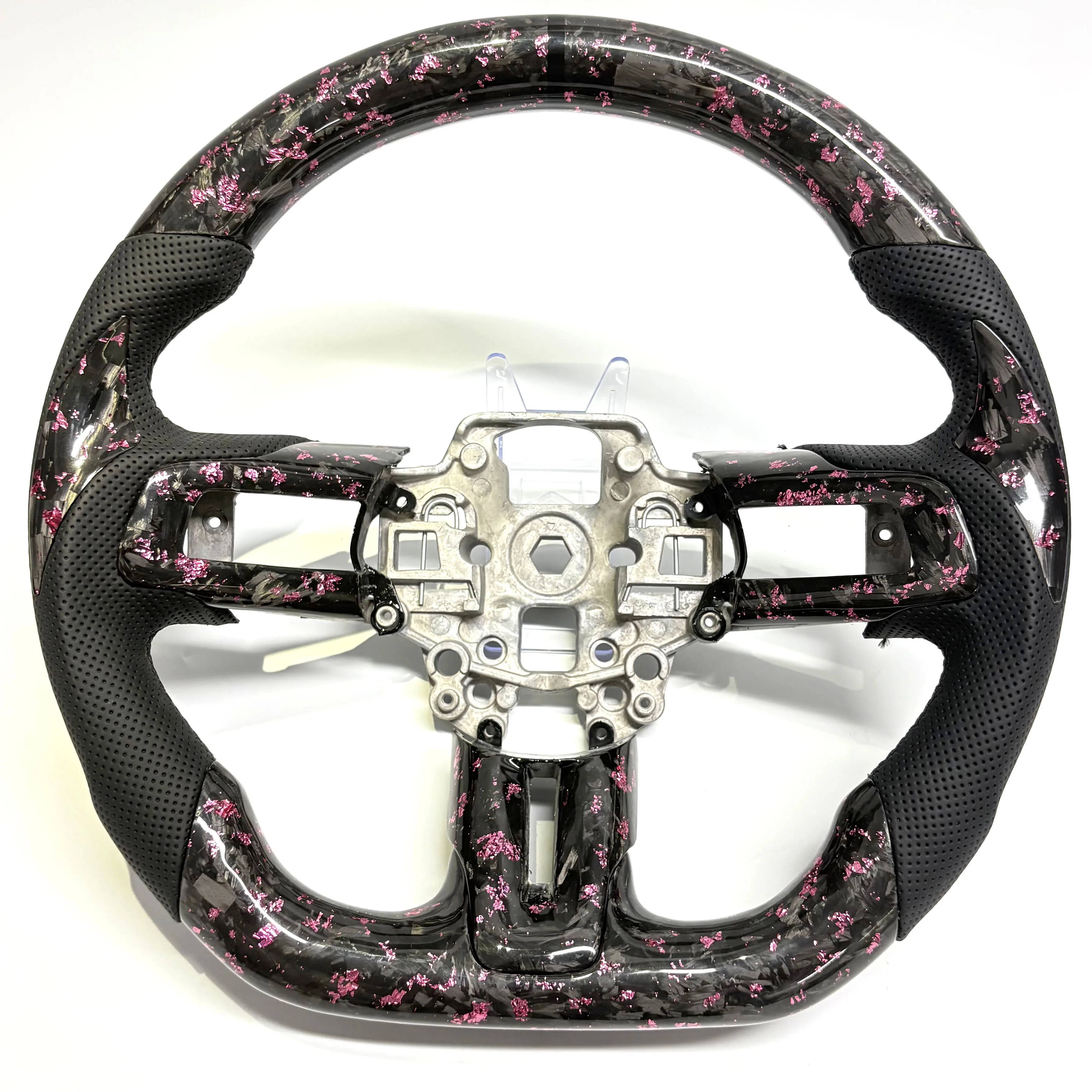 

Custom Pink Forged Carbon Fiber Perforated Leather Steering Wheel for Ford Mustang GT 2015-2023 with Carbon Fiber Patch Trim
