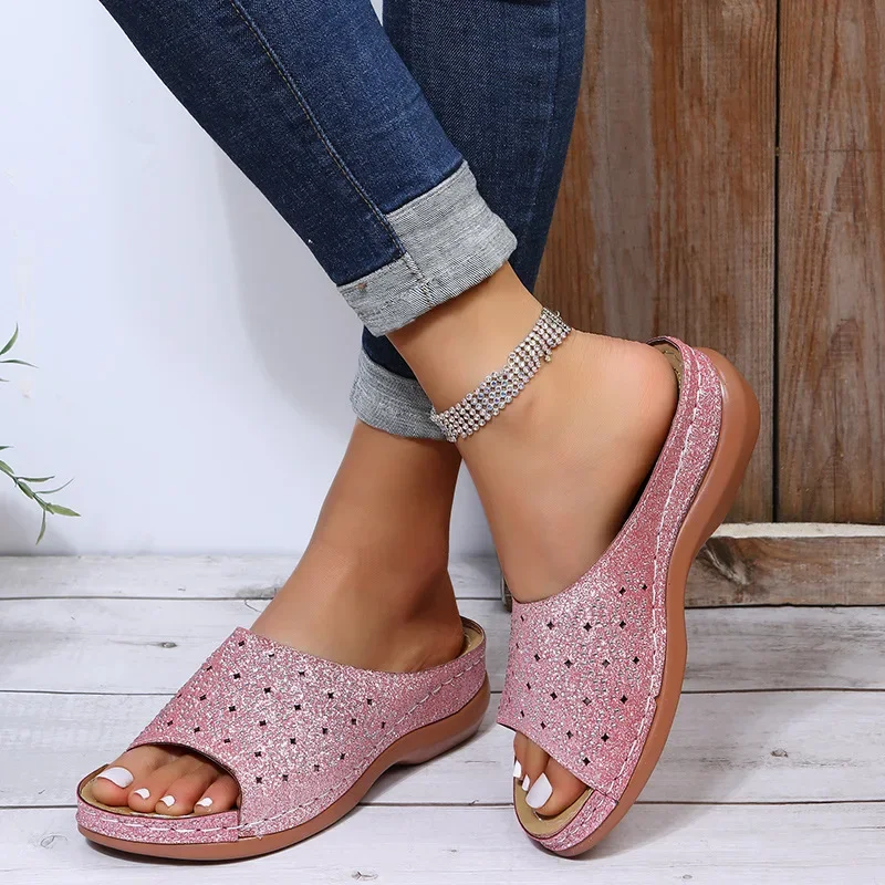 Ladies Slippers Rhinestone Platform Women Sandals Fashion Hollow Wedge Shoes for Women Summer Open Toe Big Size Beach Footwear