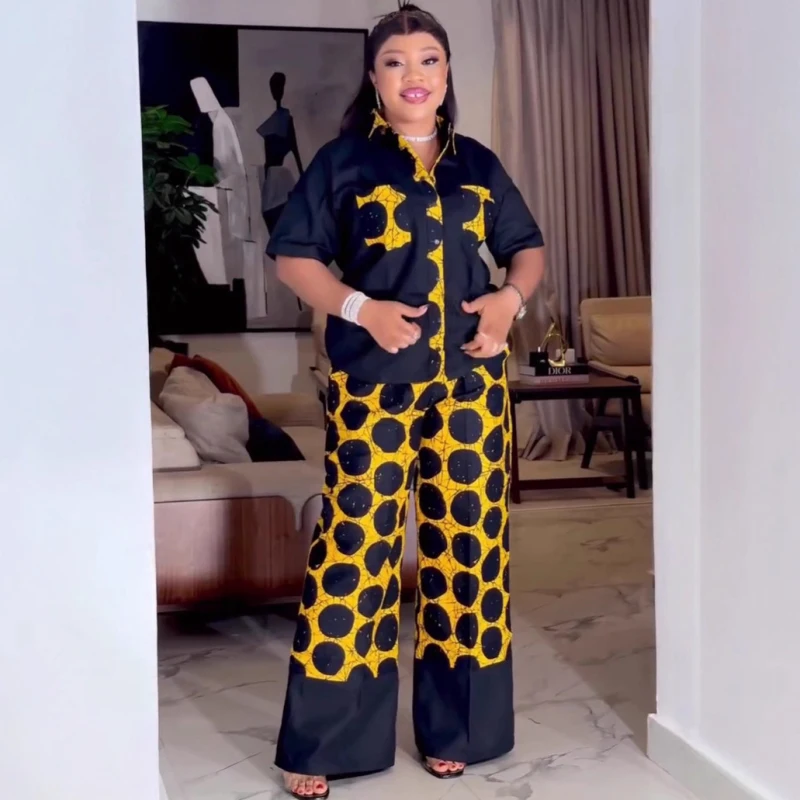 Neue Afrikanische Mode Frauen Zwei Stück Set Dot Gedruckt Kurzarm Shirt Top Und Hosen Set Outfits