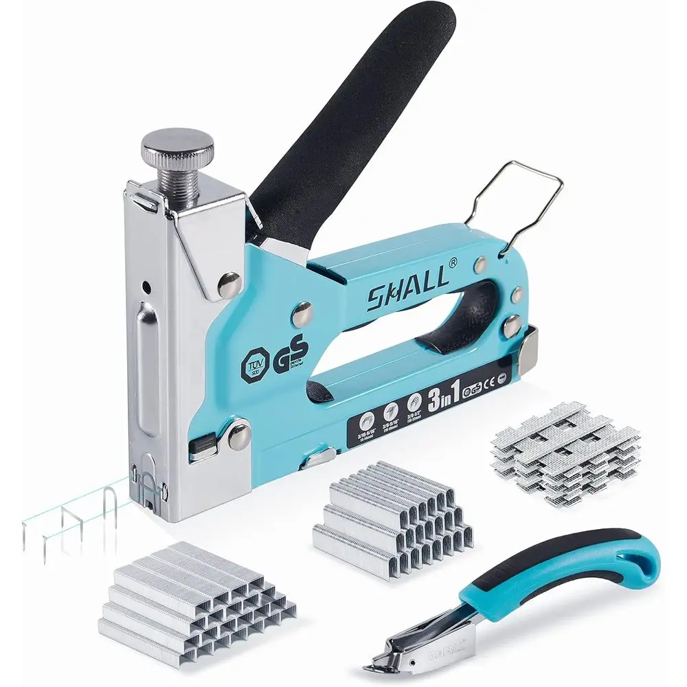 

Heavy-Duty 3-in-1 Upholstery Staple Gun with 3000 Staples, Staple Remover, and Manual Brad Nailer, featuring a Specific Staples