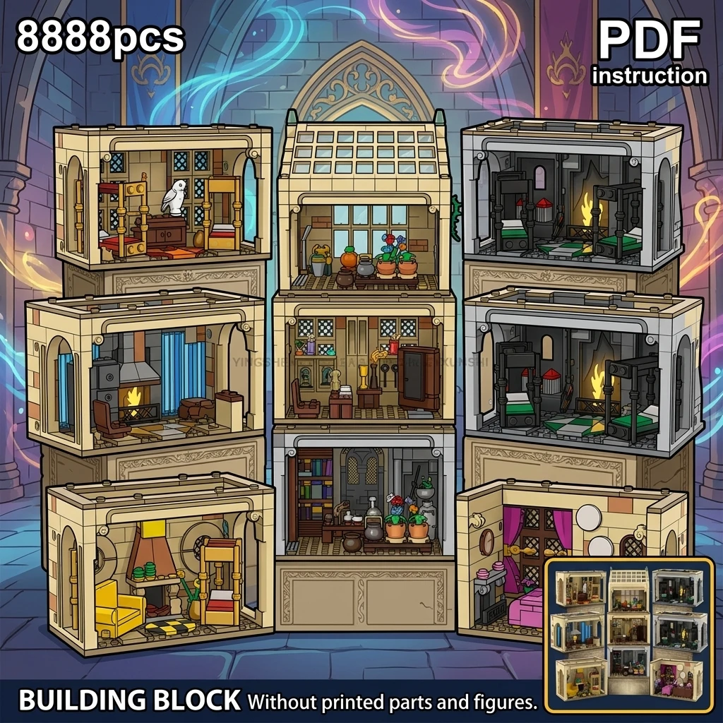 MOC Classic British Boarding School Building Blocks Modular Gothic Castle Dormitory Library Diorama Desk Decor Adult