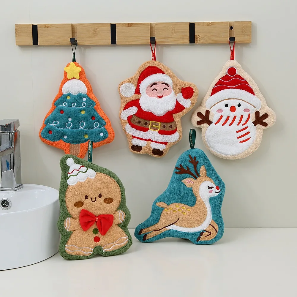 Christmas Hand Towel Hanging Household Hand Towel Kitchen and Bathroom Quick Drying Coral Fleece Christmas Hand Towel