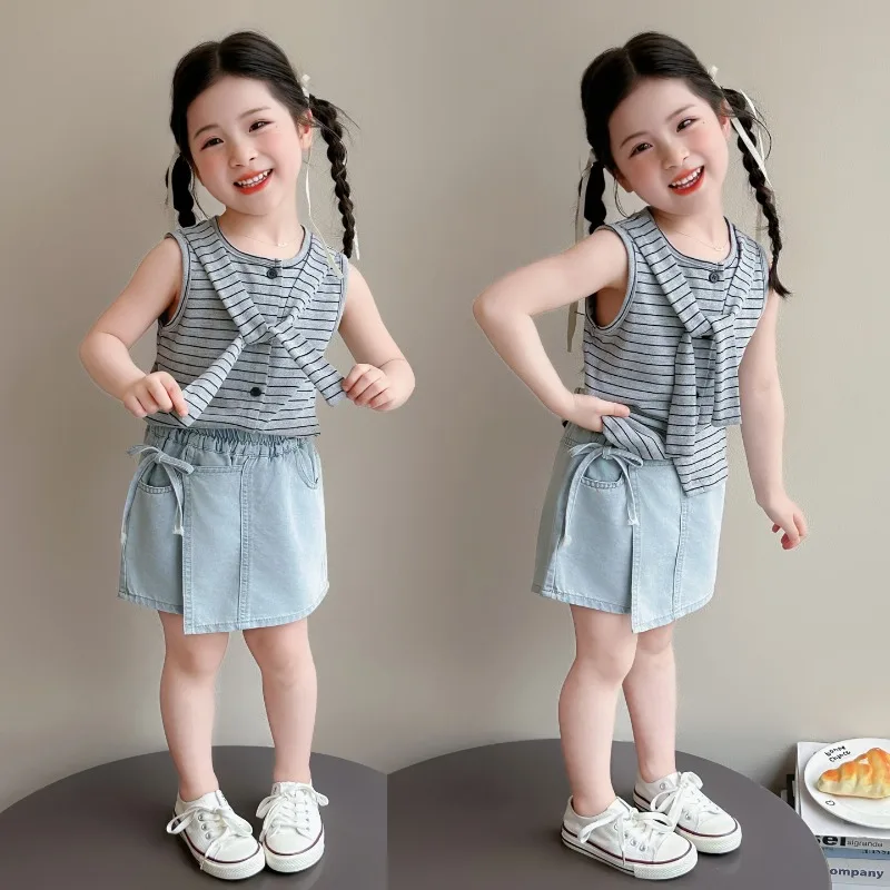 Girls Set Summer 2026 New Fashionable Childrens Summer Dress Girls Baby Striped Tank Top Skirt Pants Two Piece Set
