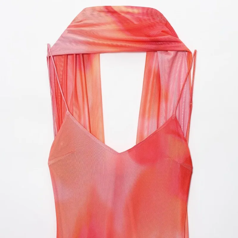 Abito lungo stampato alla moda Decorazione sciarpa Midi senza maniche per donna Abiti eleganti con cinturino Abiti da festa senza schienale per nuova signora