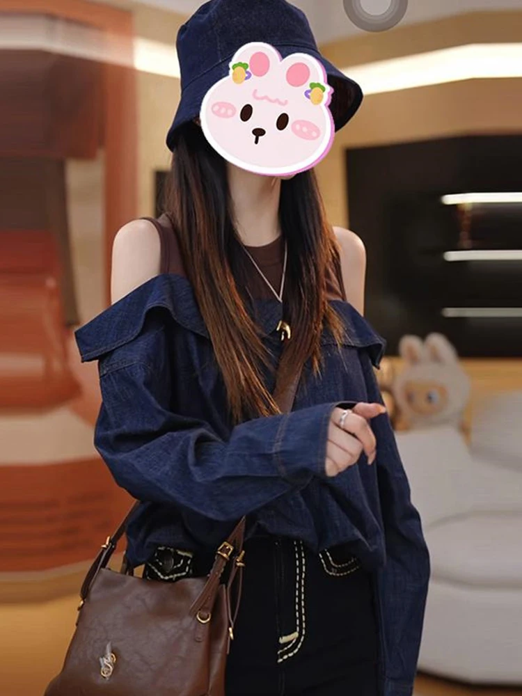 Casual oulder Bared Patchwork Design Sweatirt Women's Faionable Loose Fit Autumn New Sle Age Reducing Versatile Top