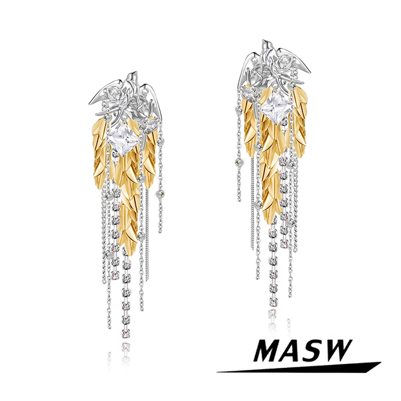 MASW Original Design Popular Style Thick Silver Plated Gold Color Crystal Leaf Tassel Earrings For Women Girl Fashion Jewelry