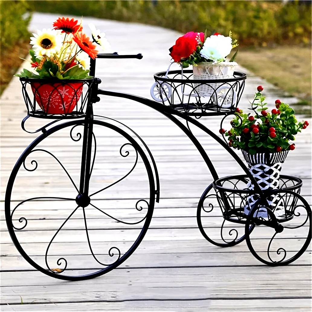 Parisian Style - Metal Bicycle Planter - 3 Tier Tricycle Flower Stand - Flower Display Stand Cart For Home Decor