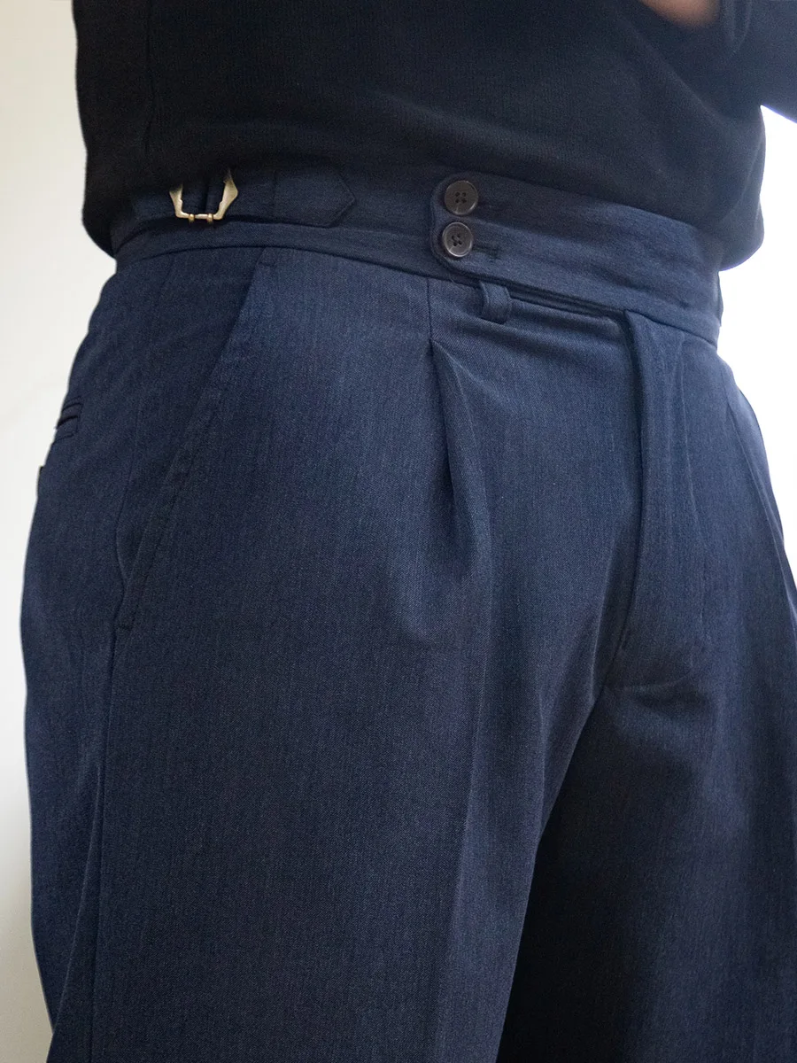 Machine-washable worsted fabric denim blue relaxed straight-leg dress pants Naples Paris button casual trousers Neapolitan Paris