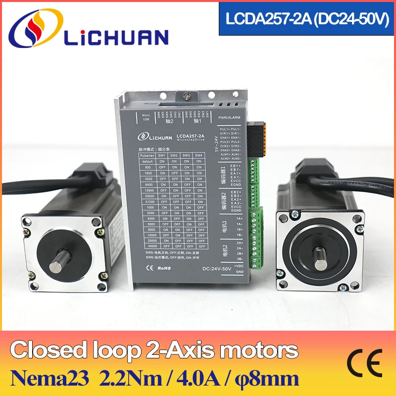 

Lichuan 2-Axis CNC Kit Nema23 Closed Loop Stepper 2.2Nm 8mm shaft, 2 motors + 3 meter cables LCDA57-2A+LC57H280