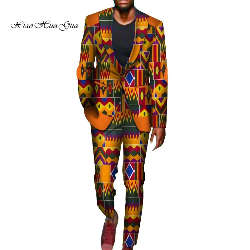 2 Pieces African Pants Sets Mens African Clothing Bazin Riche African Wax Print Blazer Suits and Pants Ankara Clothes WYN716