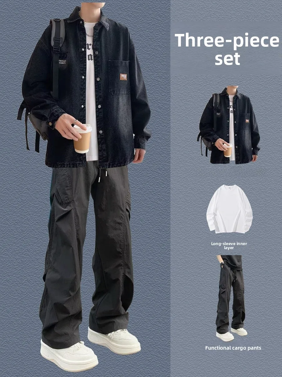 Spring Autumn New Style Men's Casual Denim Shirt Cool Teenager Leisure Jacket Set Long Sleeve Long Pants Fashionable Outfit view 5