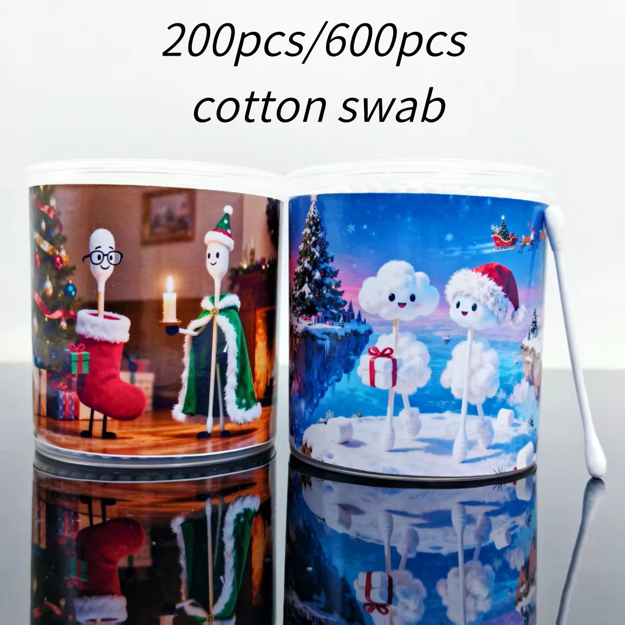 200Pcs/600Pcs Christmas Themed Cotton Swabs with Christmas Hat Pattern, White Double Round Cotton Head Holiday Gift Cotton Swabs