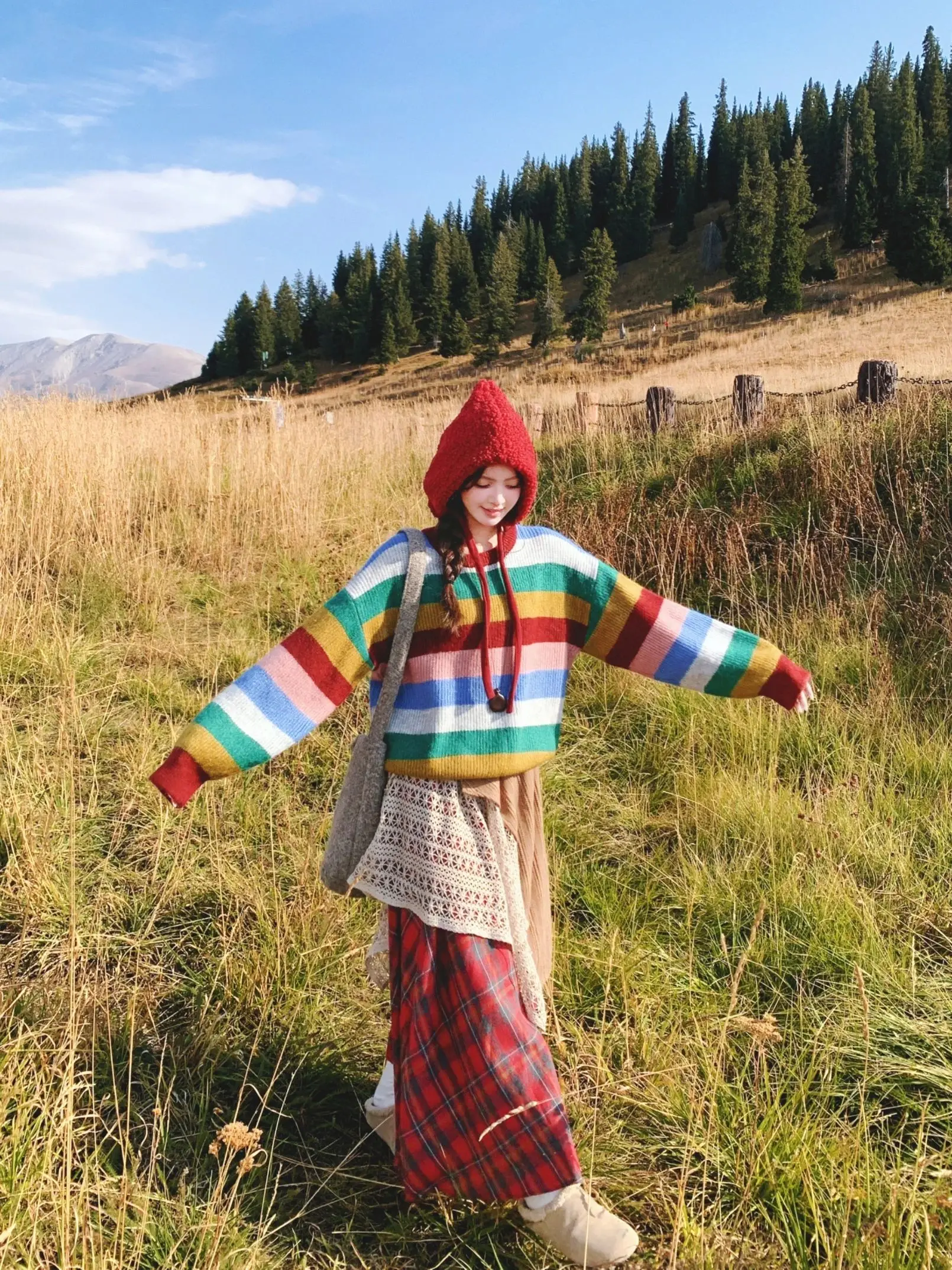 Casual Warm Plaid  Skirt Women's Autumn Winter Travel Wasteland Style Asymmetrical Splicing A-Line Skirt High Waist