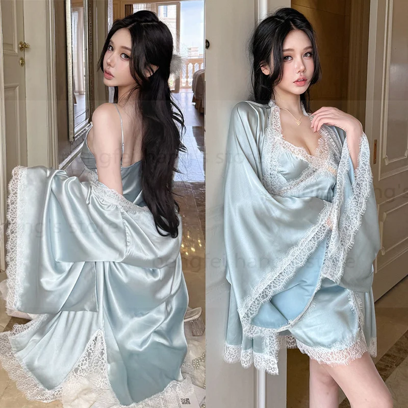

2025 Summer New Flare Sleeve Robe Set Sexy Lace Trim Sleepwear Luxury Satin Vestidos De Novia Mini Kimono Gown Intimate Lingerie
