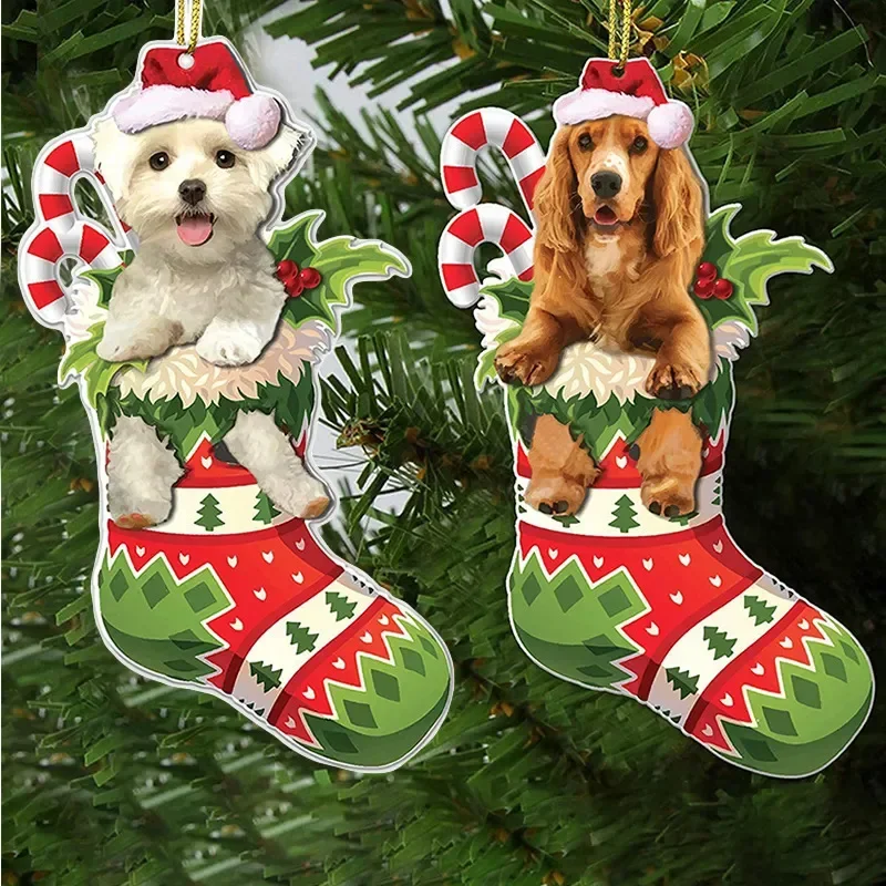 Acrylic Christmas Tree Ornament Pet Dog Series Car Interior Home Decorations Cute Stocking Dog Pendant Xmas Gift Party Supplies