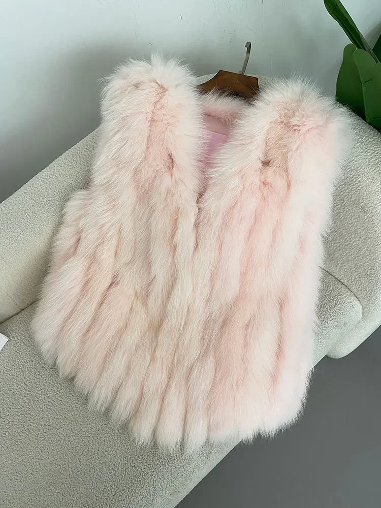 Fashion 2024 Winter Real Fox Fur Women Vest Natural Leathers Thick Warm Coat Sleeveless Double-faced Elegant V-neck Jackets