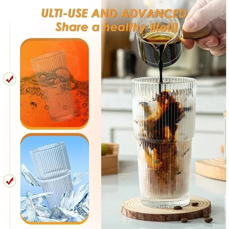 400/600ML Gestreifter Glas-Kaffeebecher Transparenter Trinkbecher mit Deckel und Strohhalm Großer Saft- und Eiskaffeebecher – Detail 12