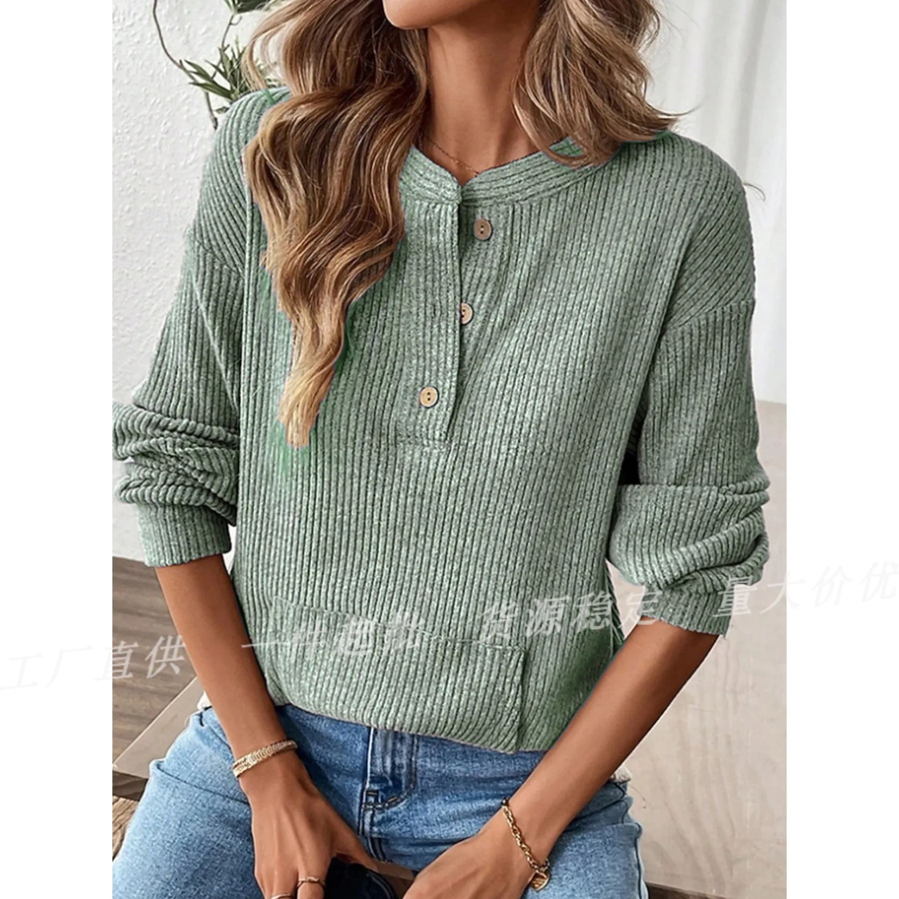 Elegant Women's Knit Top Casual Loose Fit Cotton Blend Top V Neck Long Sleeve Oversized Top Button Detail Chic T-Shirt