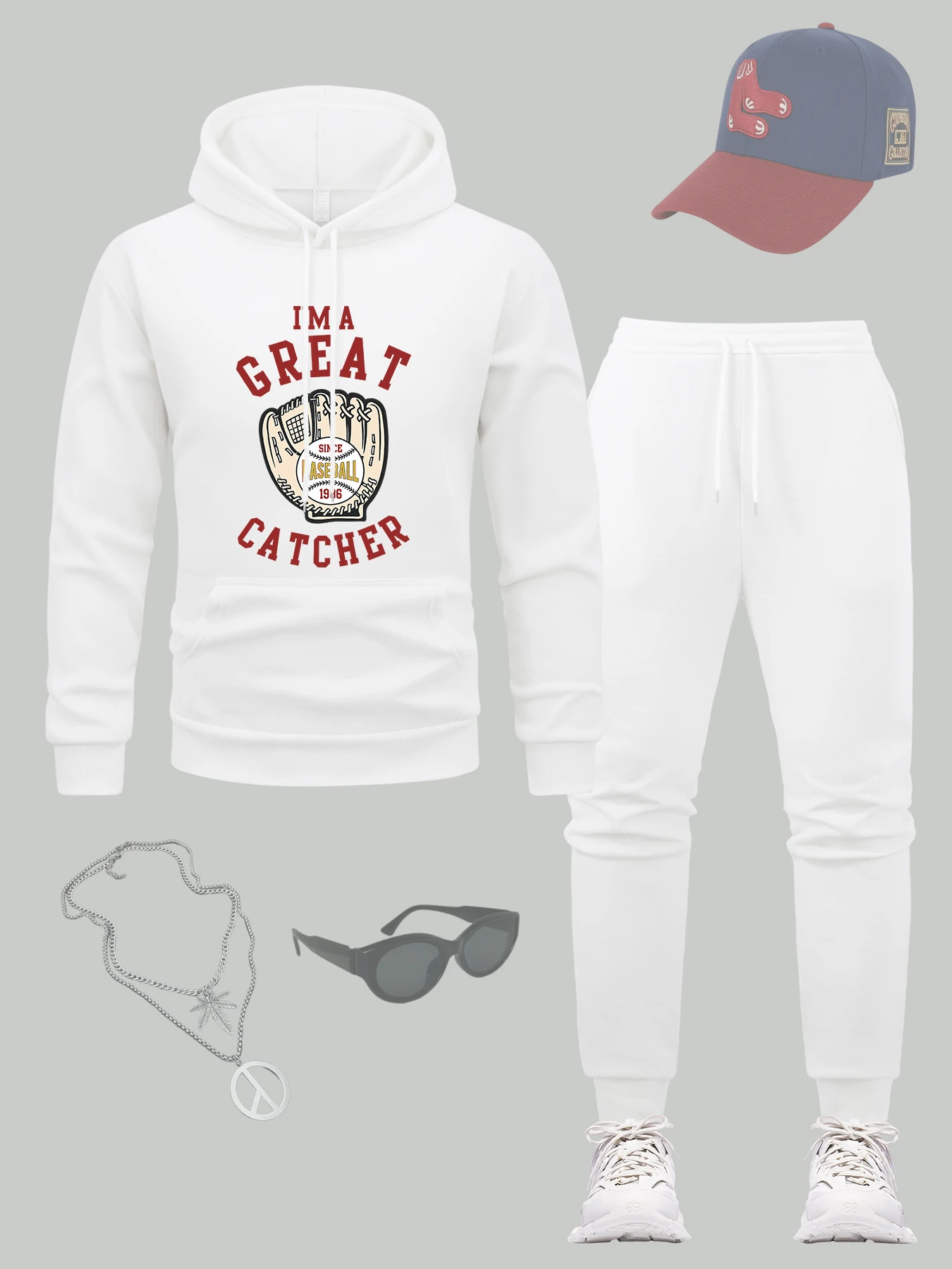 

I'M Great Catcher Baseball Printing Mens Hoodie Autumn Fleece 2 Piece Set Comfy All-Match Tracksuit Casual Sport Jogging Pants