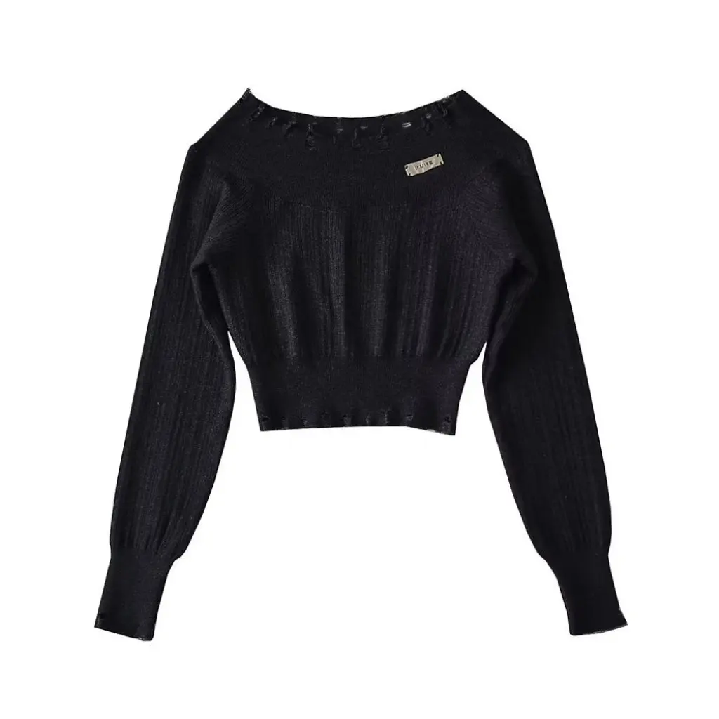 

YPFF Women's Fashion Cut-off Shoulder Sweater High Waist Navel Loose Long-Sleeved Short Top Knitted Fashionable Clothing Design