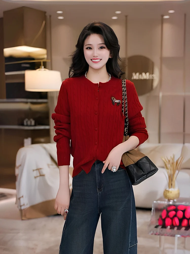 

Red Pure Wool Knitted Sweater Women's Spring Autumn New Sle Korean Version Embroidered Top Warm Soft Long Sve round Ne