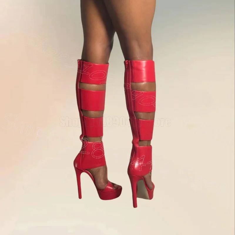 

Black Hollow Design Peep Toe Platform Sandals Boots Back Zipper Women Shoes Thin High Heels Party Feast 2026 Zapatos Para Mujere