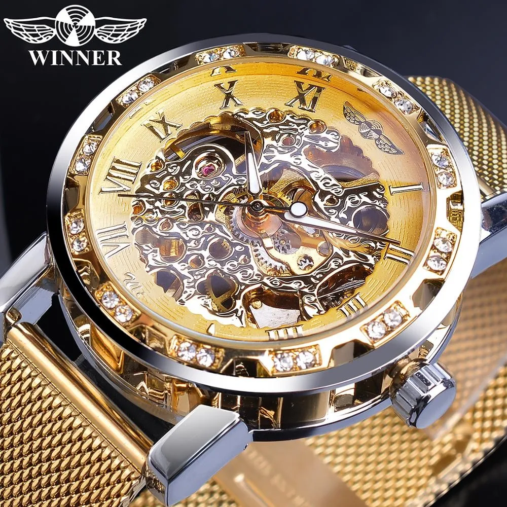 Winner Top Brand Golden Watches Men Skeleton Mechanical Watch Crystal Mesh Slim Stainless Steel Band Luxury Hand Wind Wristwatch