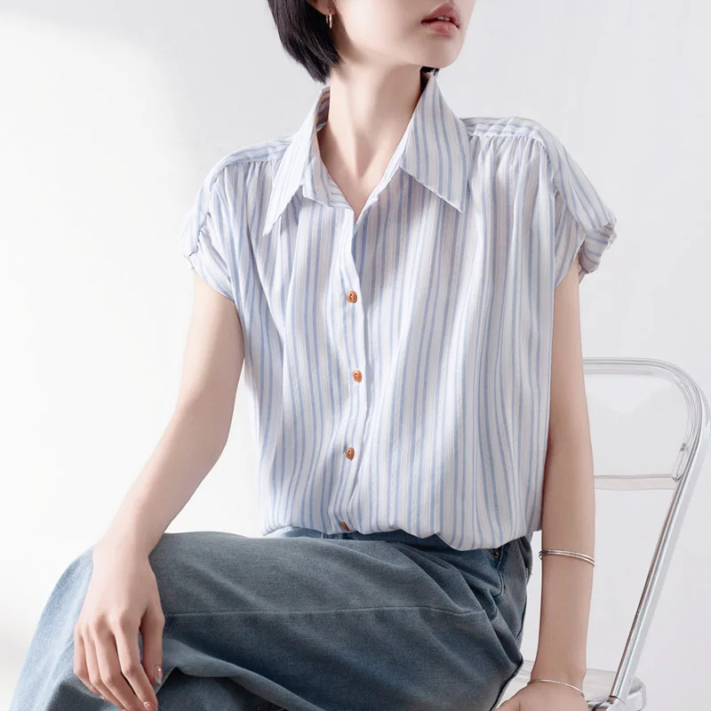 

New Vertical Striped Shirt for Women, Summer Design Sense, Small Flutter Top, Petite Short Sleeve Blouse