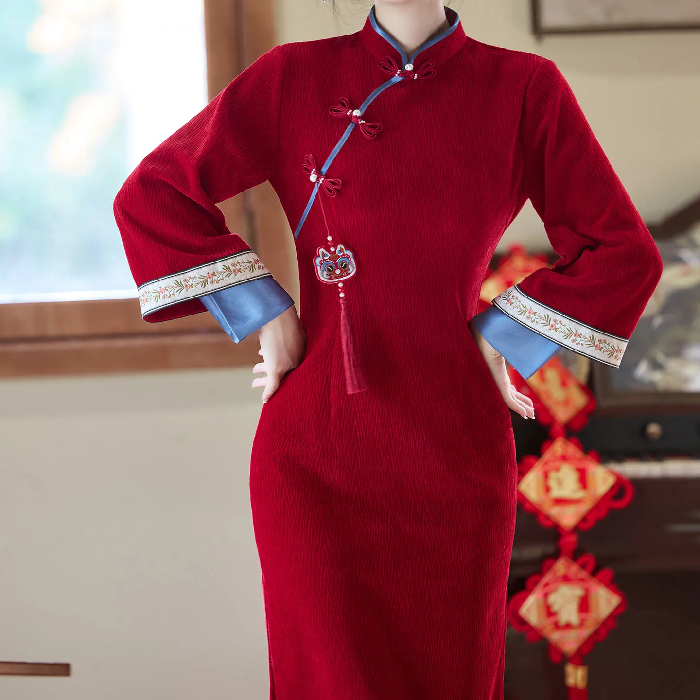 النمط الصيني السنة الجديدة مهرجان الربيع Chesongam الأحمر سميكة تشيباو فراشة طباعة سترة المرأة الخريف الشتاء فستان هانفو Vestidos #4