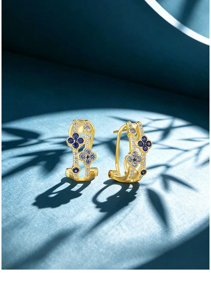 SANTUZZA Ohrclips aus reinem 925er Sterlingsilber für Damen, funkelnde blaue und schwarze Blumen, modischer Hochzeitsschmuck, edle Schmuckgeschenke – Detail 9