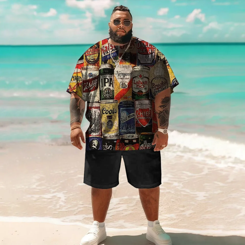 

S-9xl plus size Men's Short Sleeve Set: Beer-Inspired Vibe - 2-Piece Big & Tall Fit, Soft Breathable Fabric, Subtle Mug Prints,
