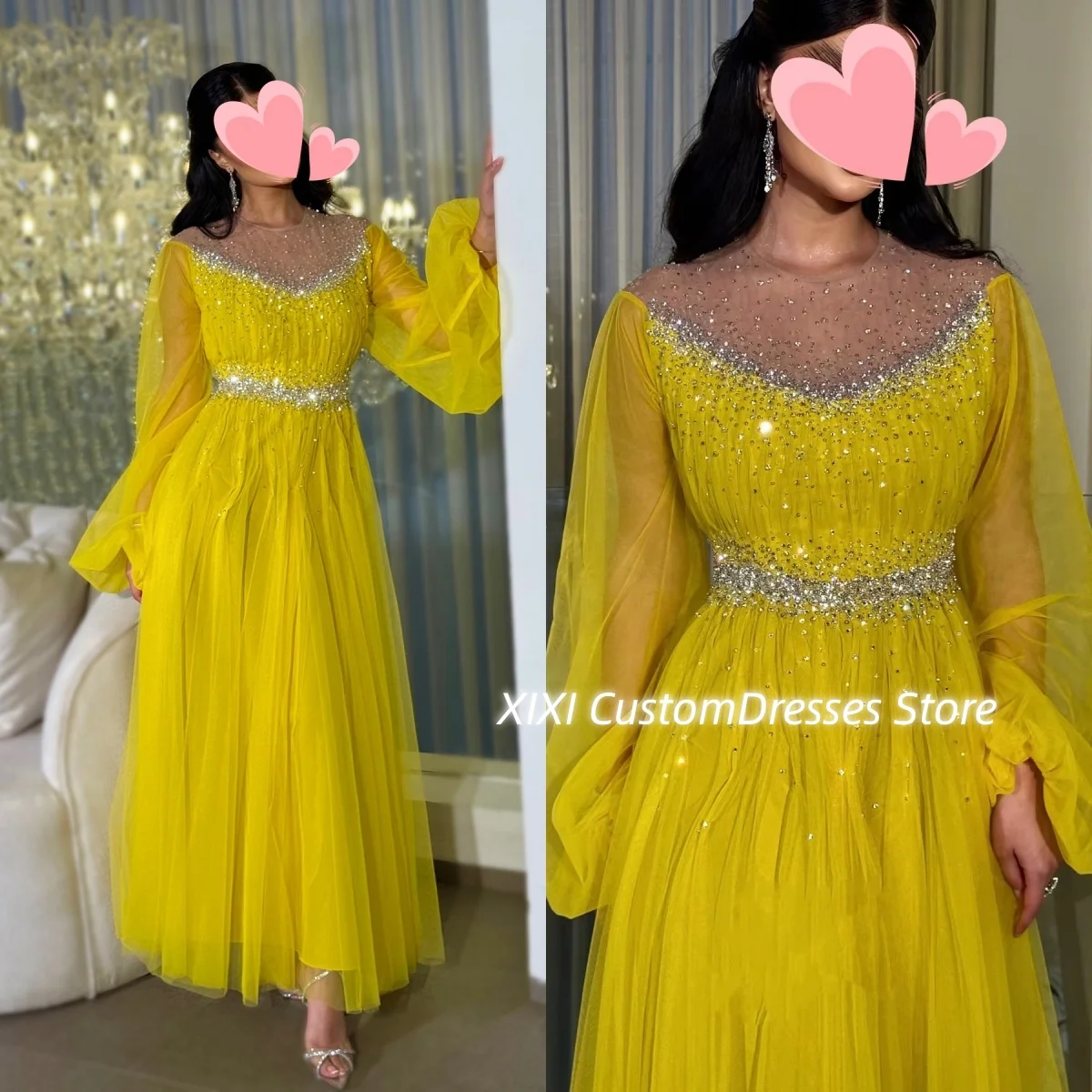 

فساتين سهرات Customize Scoop Neckline A-Line Floor-Length Beadings Women'S Evening Dresses Tulle Zipper Up Long Sleeves Formal