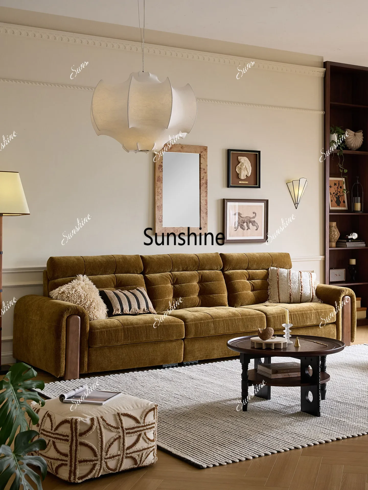 F Cream wind living room chenille sofa retro straight row can be customized small apartment sofa
