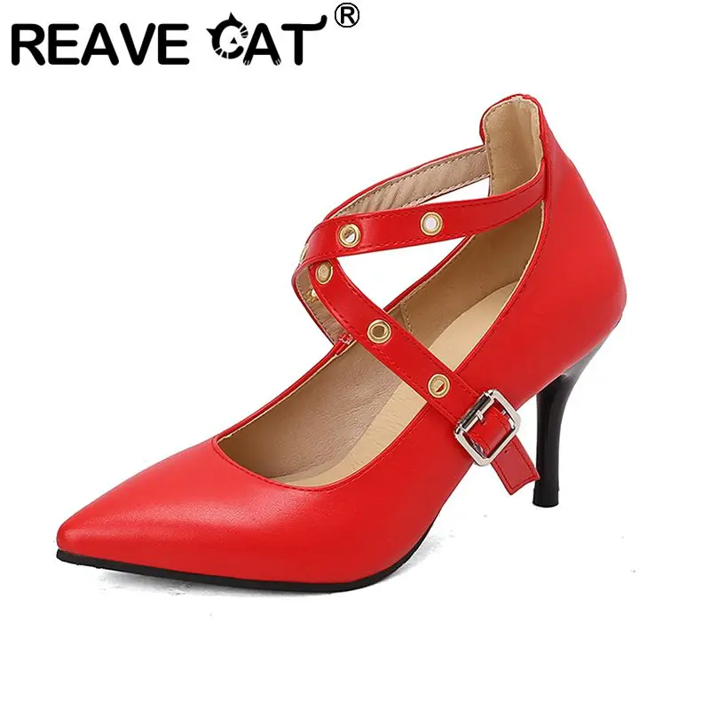 

REAVE CAT Fashion Women Pumps Pointed Toe Stiletto 8.5cm Buckle Strap Metal Decoration Big Size 45 46 47 48 Party Wedding Shoes