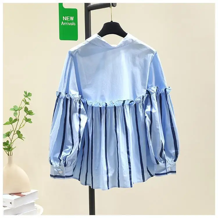 Korejpaa Striped Patchwork Women Shirt 2024 Spring Turn-down Collar Woman Clothing Korean Fashion Lantern Sleeve Tops Mujer