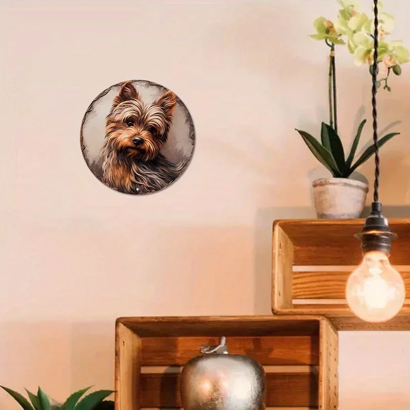 Aluminum Metal Sign Bronze Sculpture Of Yorkie Terrier On A Circular Plate, Three-dimensional Effect, Wall Home Decoration