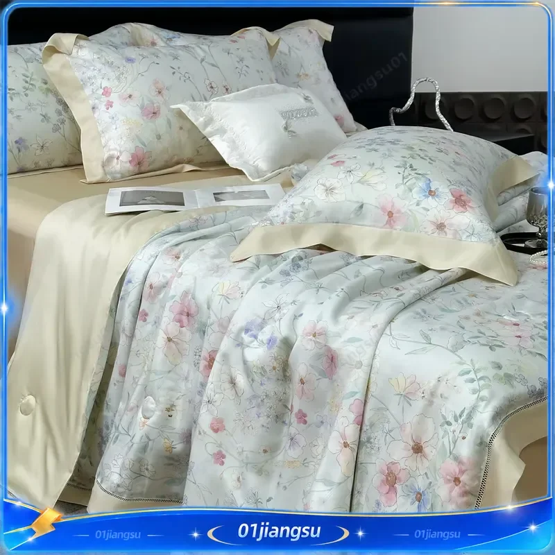 4Pcs Floral Lyocell Comforter Set 500TC Soft Silky Cooling Summer Bedding Thin Quilt with Bed Sheet Pillowcases Breathable