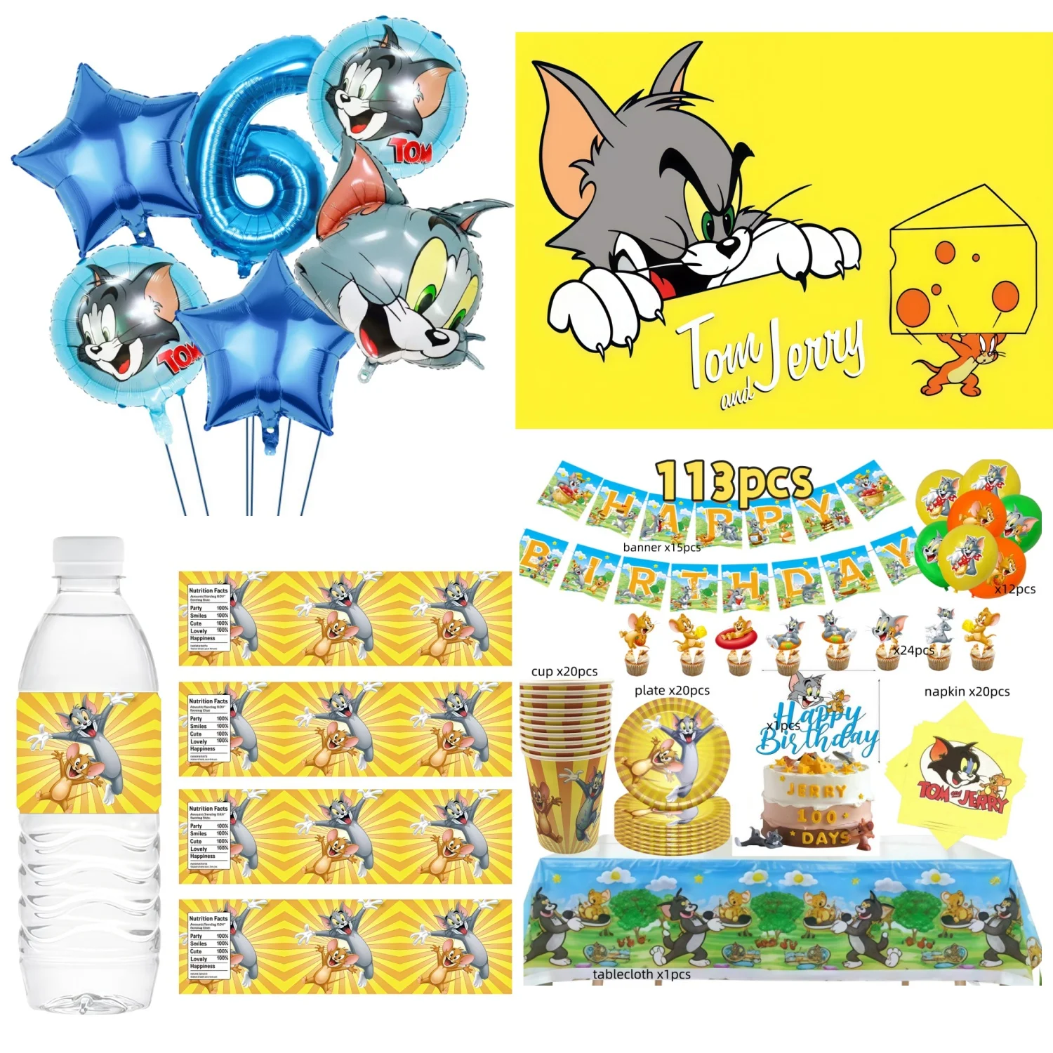 Artículos de Fiesta de Tom y Jerry, Juego de Vajilla Desechable con Pegatinas, Decoración de Cumpleaños de Gato y Ratón de Dibujos Animados para Niños, Baby Shower