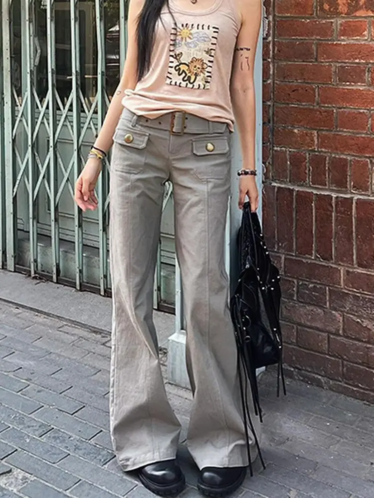 Women Grunge Vintage Low Rise Skinny Cargo Jeans 2025 Autumn Gyaru Y2K Flare Denim Pants 90s Aesthetic Streetwear Trousers