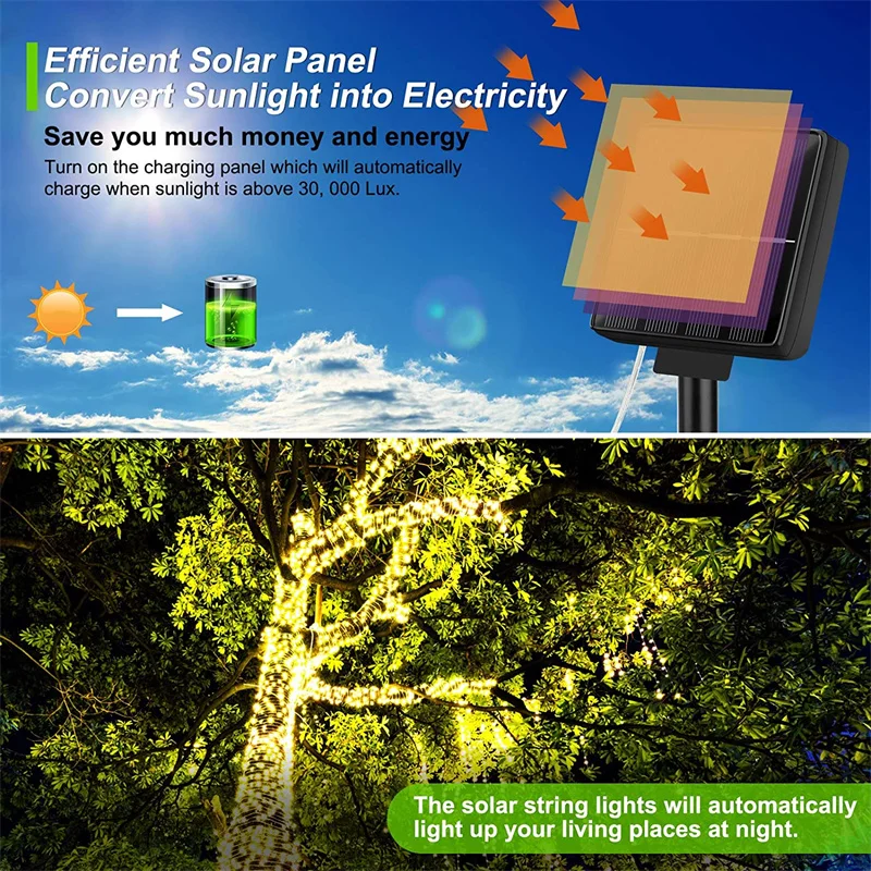 Guirnalda de luces Led solares para exteriores, guirnalda de hadas para decoración de Navidad, 102m/52m/32m/22m/12m/7m