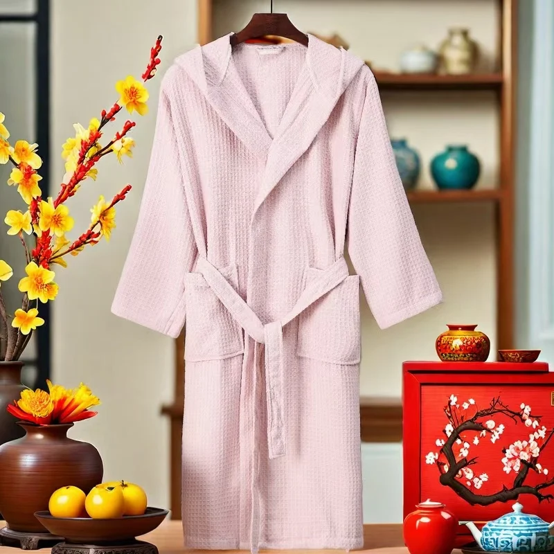 Women's Cotton Waffle Absorbent Bathrobe, Long Hooded Robe, Men's Thin String Bathrobe, Loose Home Bathrobe, Ch, Christmas Gift